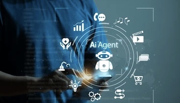 Person using a mobile device with digital icons surrounding a central graphic labeled AI Agent, representing various automated functions such as analytics, communication, robotics, and e commerce.
