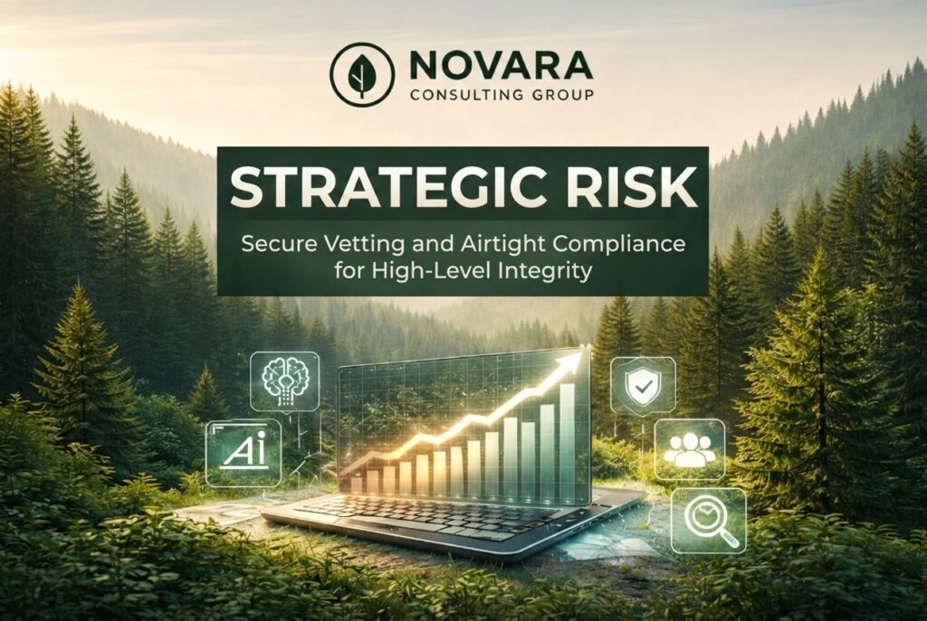 Novara Consulting Group Strategic Risk header featuring a secure holographic laptop in a forest setting.