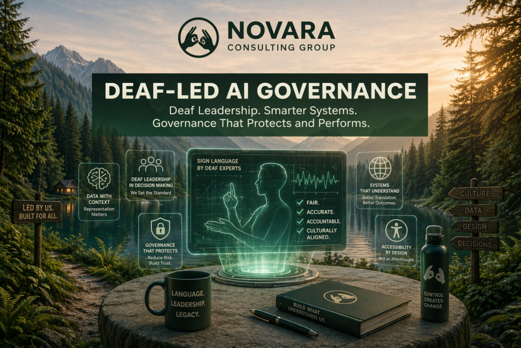 Promotional graphic for Novara Consulting Group titled “Deaf-Led AI Governance.” The scene shows a laptop on a rock in a forested mountain landscape at sunrise, with a holographic interface displaying a person using sign language at the center. Surrounding icons reference data, leadership, systems, and accessibility. Text emphasizes Deaf leadership in AI decision-making, governance that reduces risk, and systems that are fair, accurate, accountable, and culturally aligned. Additional phrases include “Accessibility by design, not an afterthought” and “Control creates change.”