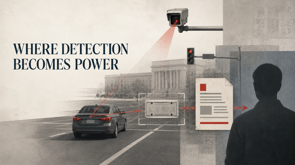 Alt Text Editorial illustration showing a traffic camera tracking a vehicle’s license plate through an automated citation process that ultimately accuses a person.