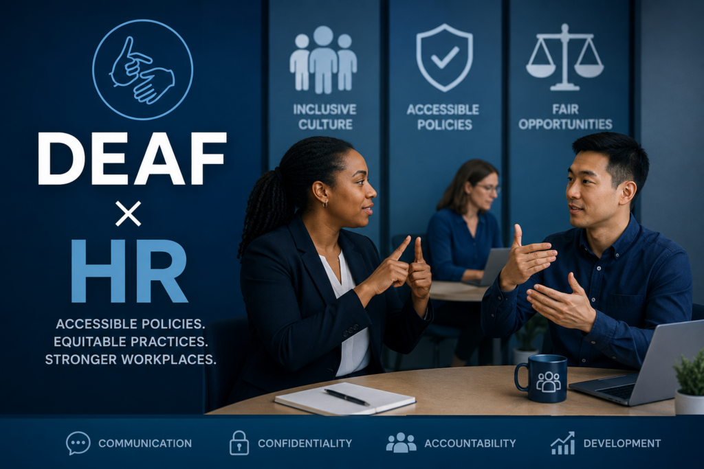 Deaf professionals signing during a workplace meeting representing accessible human resources practices.