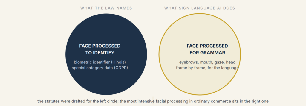 Two circles: faces processed to identify, which biometric law names, and faces processed for grammar, where sign language AI sits; the two barely overlap