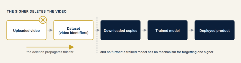 A chain from uploaded video to dataset of identifiers to downloaded copies to trained model to deployed product; a deletion at the source reaches the dataset and stops there