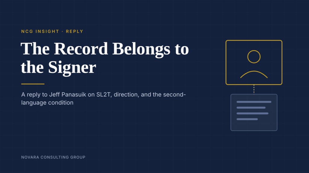 Title card in navy and gold reading The Record Belongs to the Signer, a reply to Jeff Panasuik on SL2T, direction, and the second-language condition.