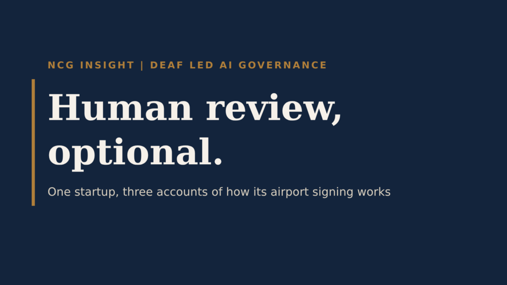 NCG Insight cover: Human review, optional. One startup, three accounts of how its airport signing works.