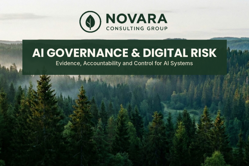 Novara Consulting Group banner for the AI Governance & Digital Risk category: the category name in a green box over a misty pine forest.
